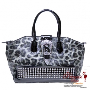 Designer Inspired Animal Print Glossy Leatherette Hand Bag w/ Flip-over Buckle and Rhinestone Decor